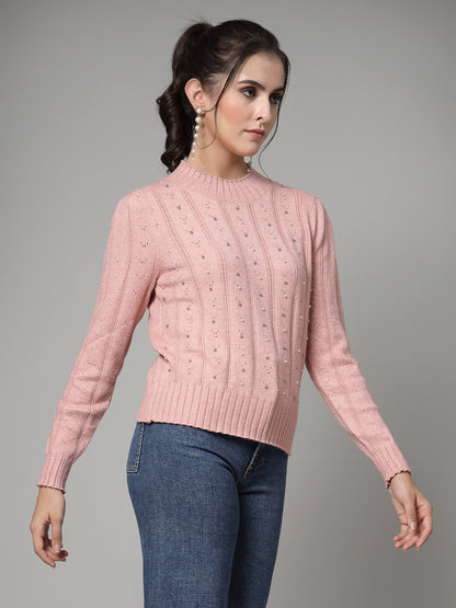 Mafadeny Women Winter Wear Peach Pullover with Embellished Detail