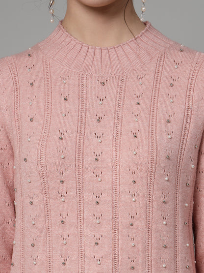 Mafadeny Women Winter Wear Peach Pullover with Embellished Detail