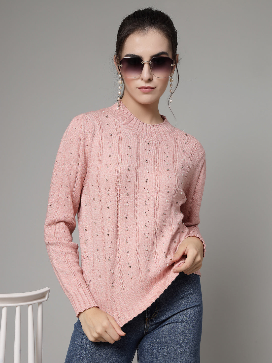 Mafadeny Women Winter Wear Peach Pullover with Embellished Detail