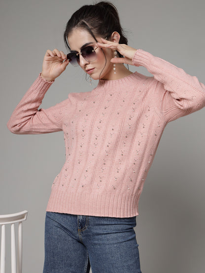 Mafadeny Women Winter Wear Peach Pullover with Embellished Detail