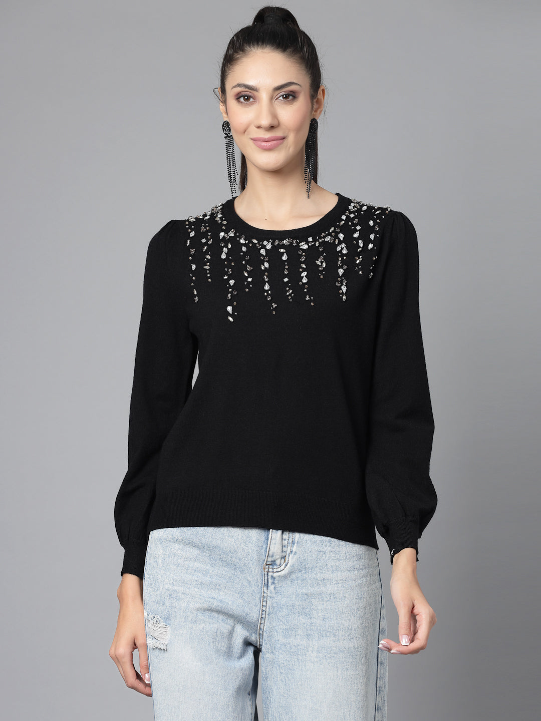 Mafadeny Women Winter Wear Black Top Embellished Details