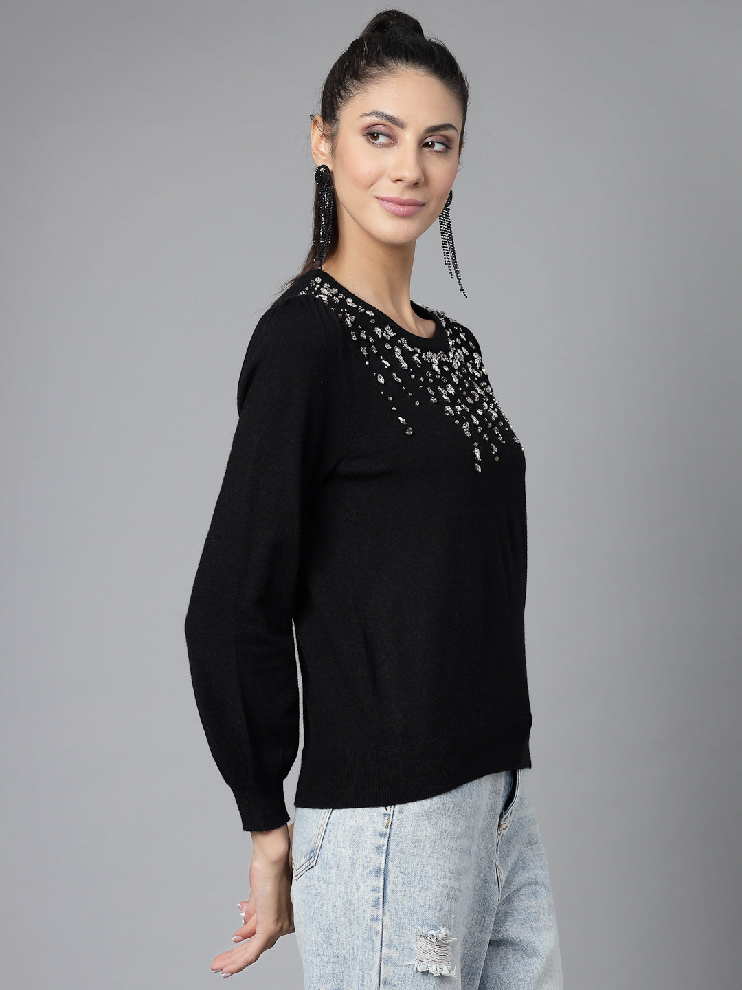 Mafadeny Women Winter Wear Black Top Embellished Details