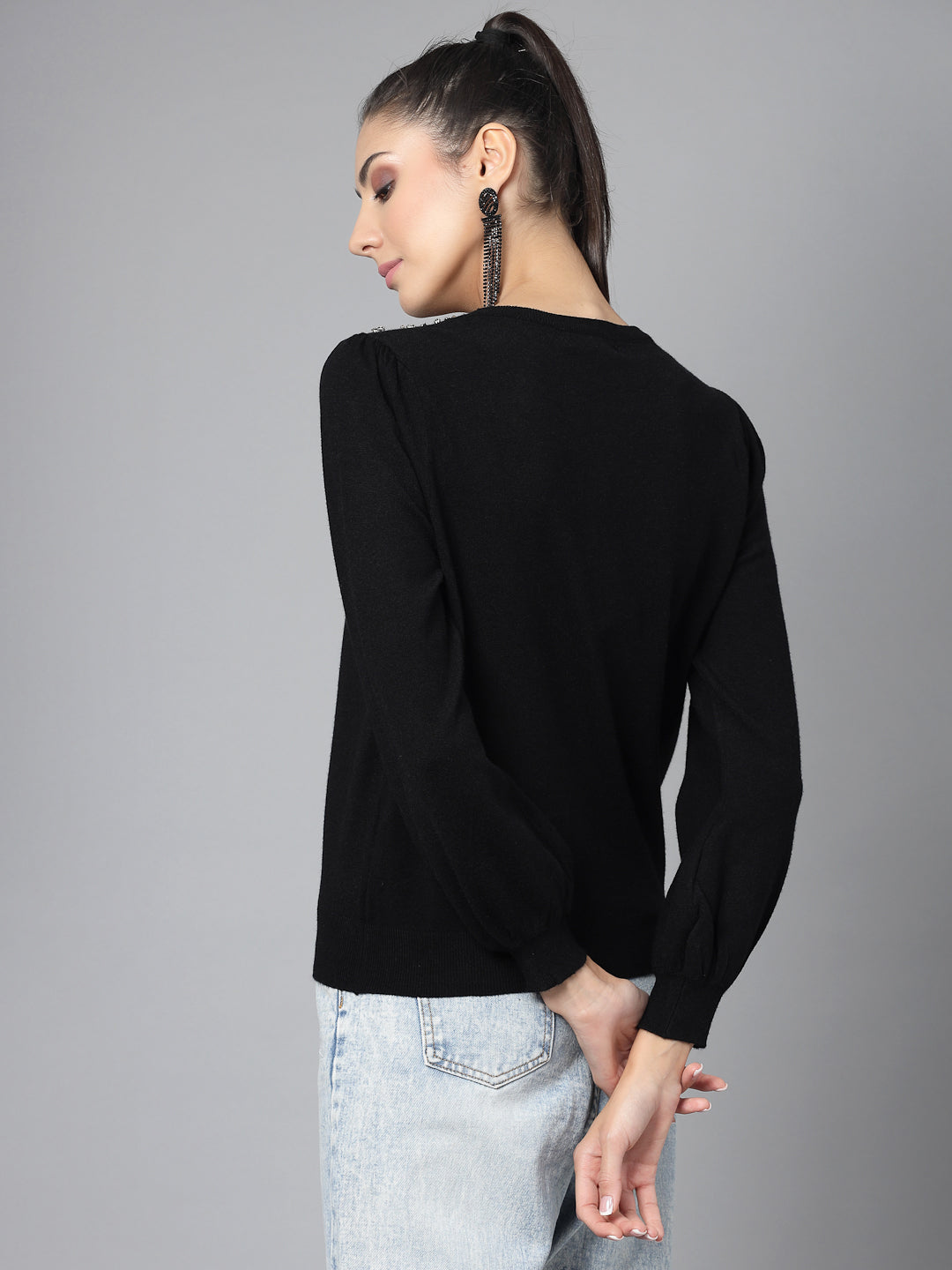 Mafadeny Women Winter Wear Black Top Embellished Details