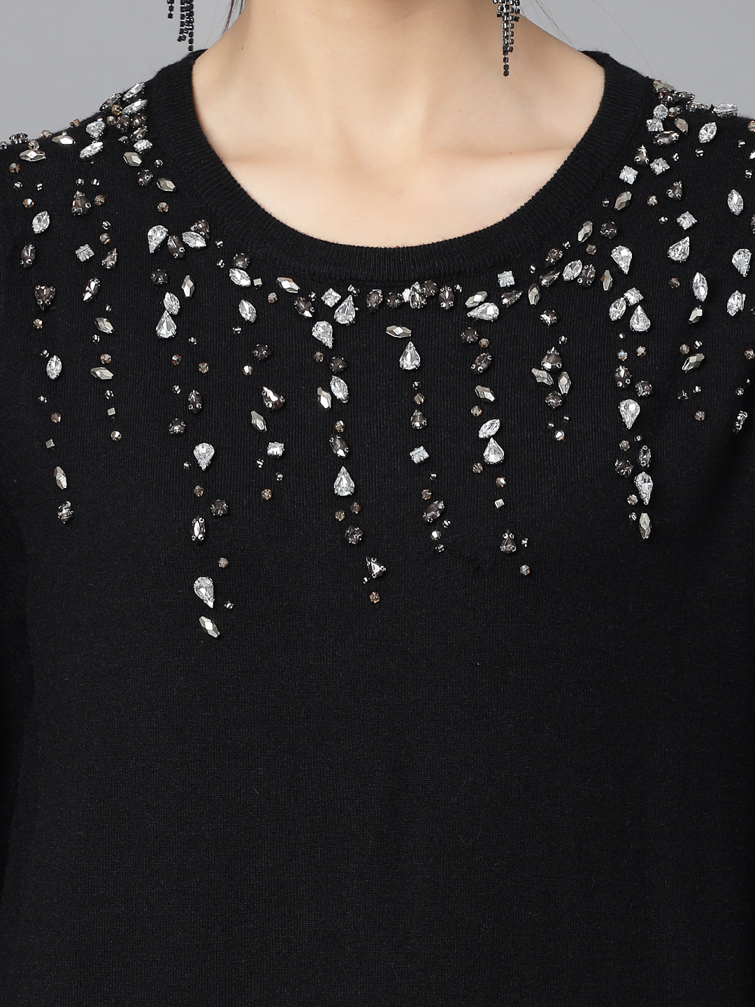 Mafadeny Women Winter Wear Black Top Embellished Details