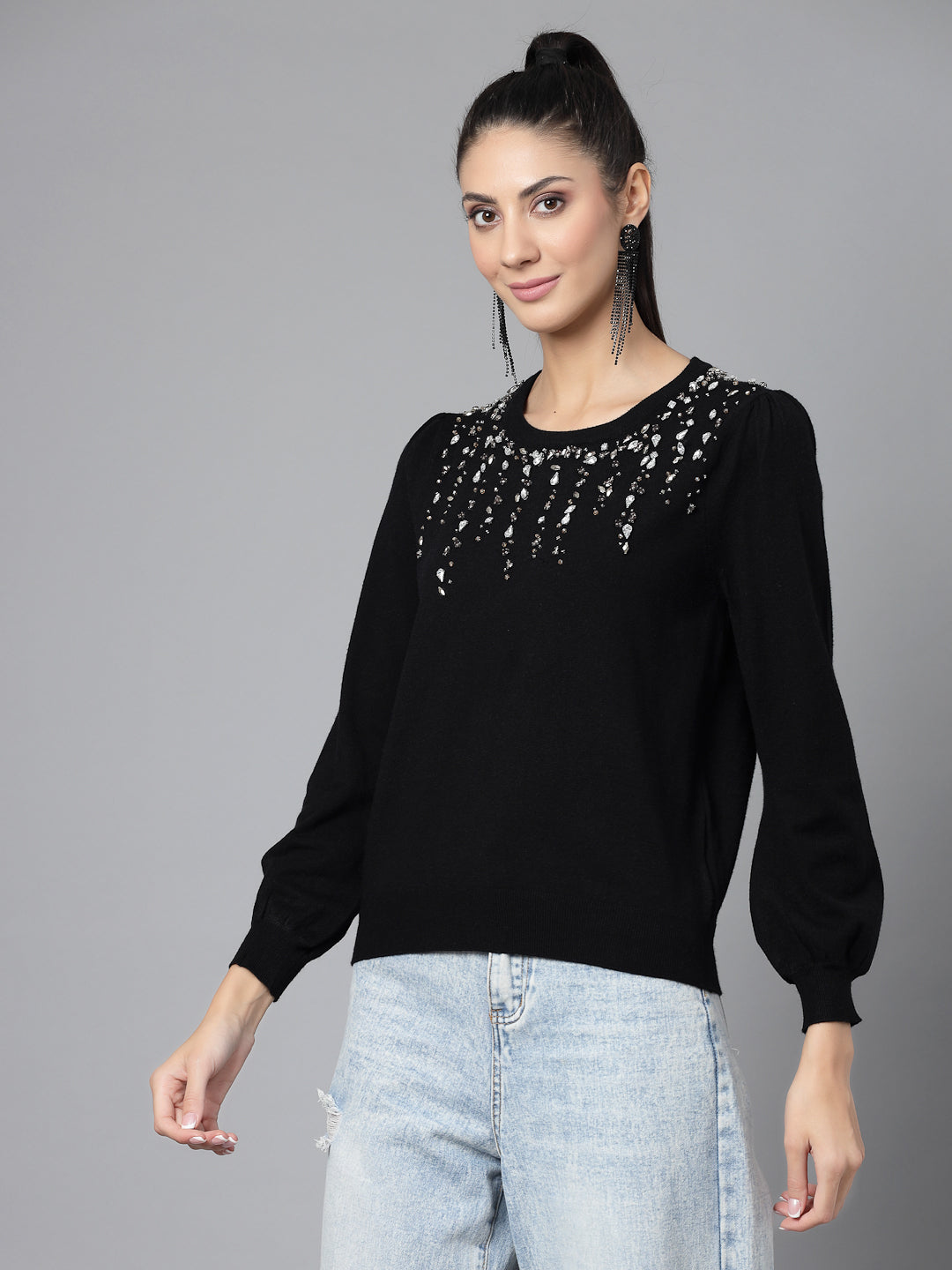 Mafadeny Women Winter Wear Black Top Embellished Details