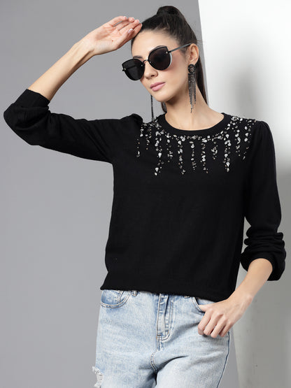 Mafadeny Women Winter Wear Black Top Embellished Details