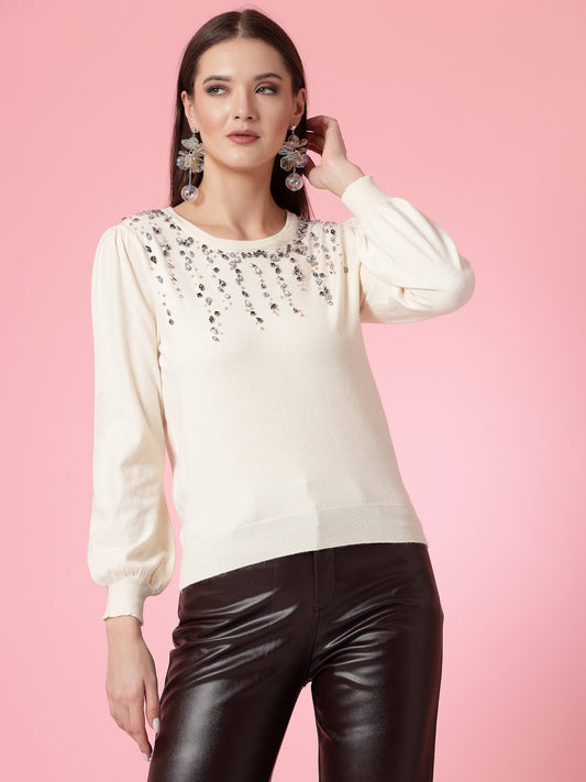 Mafadeny Women Winter Wear Cream Top Embellished Details