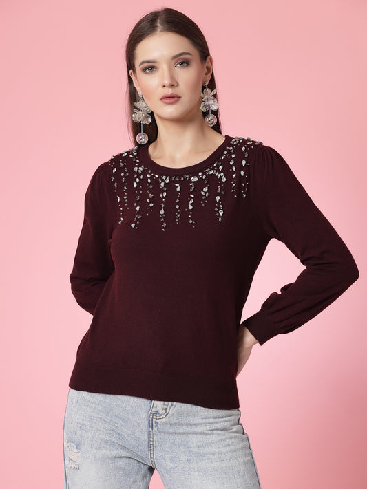 Mafadeny Women Winter Wear Wine Top Embellished & Stylish TOPS