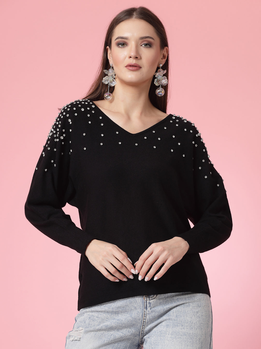 Mafadeny Women Winter Wear Black Top Embellished Details