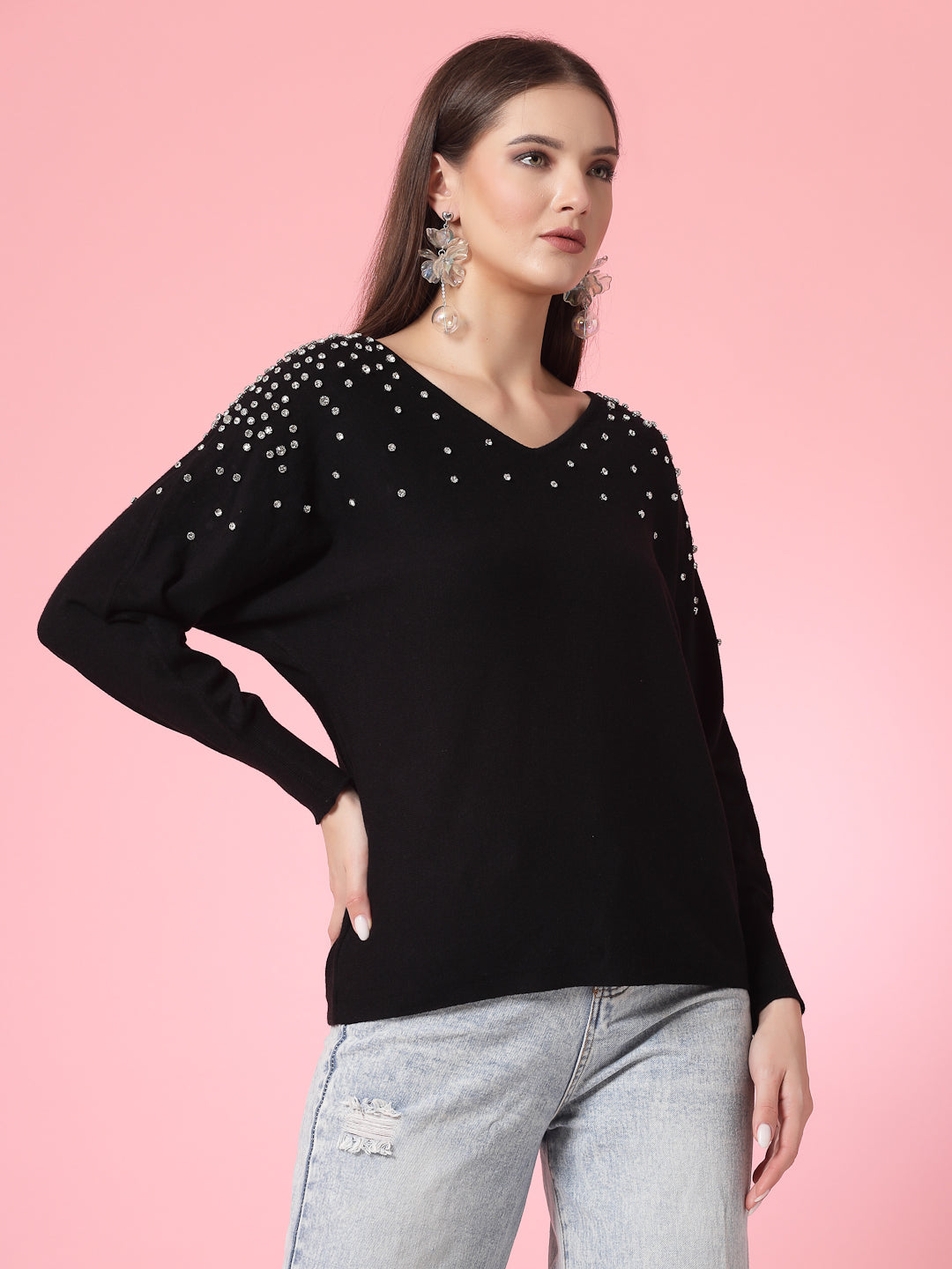 Mafadeny Women Winter Wear Black Top Embellished Details