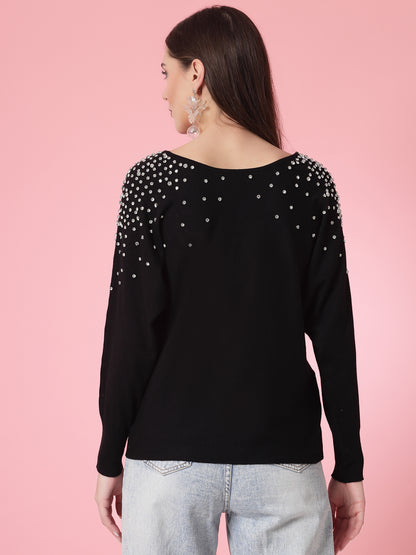 Mafadeny Women Winter Wear Black Top Embellished Details