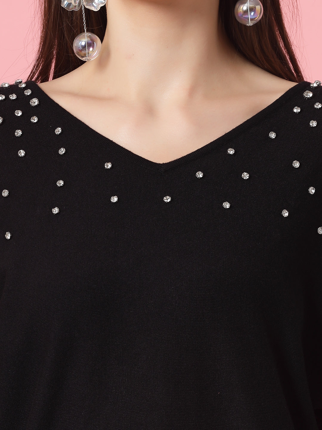 Mafadeny Women Winter Wear Black Top Embellished Details