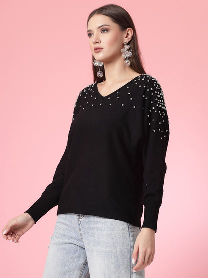 Mafadeny Women Winter Wear Black Top Embellished Details