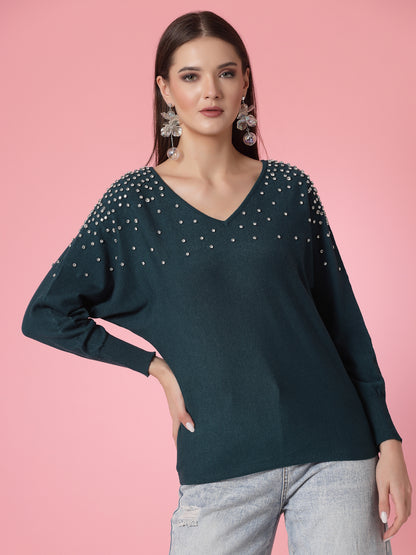 Mafadeny Women Winter Wear Green Top Embellished Details