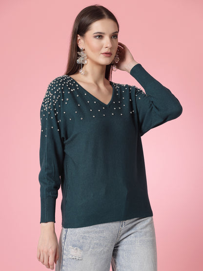 Mafadeny Women Winter Wear Green Top Embellished Details