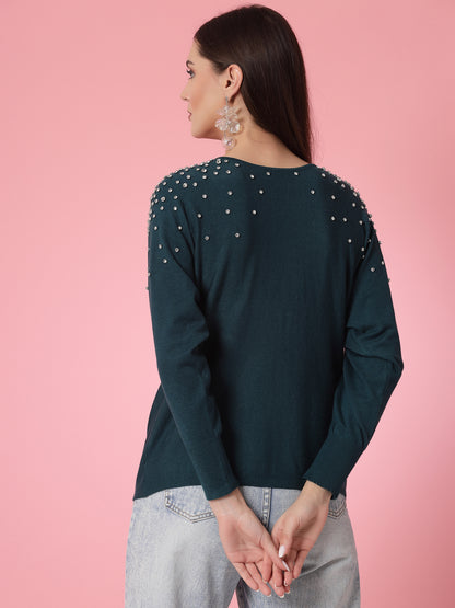 Mafadeny Women Winter Wear Green Top Embellished Details