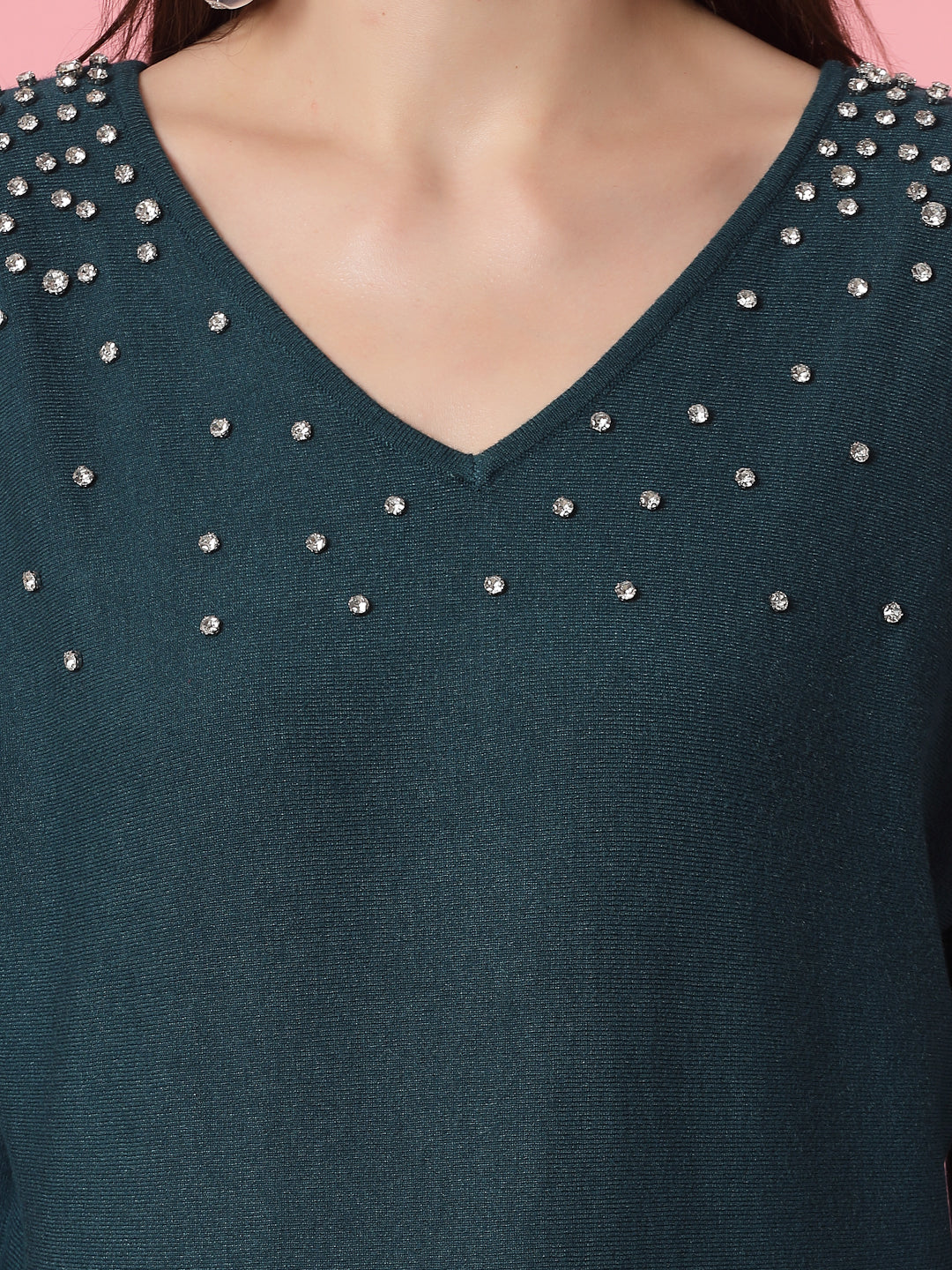 Mafadeny Women Winter Wear Green Top Embellished Details