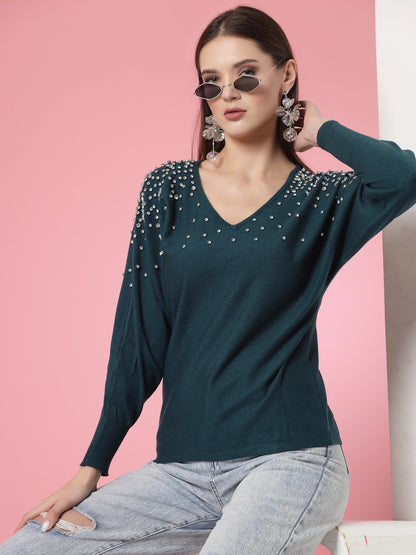 Mafadeny Women Winter Wear Green Top Embellished Details