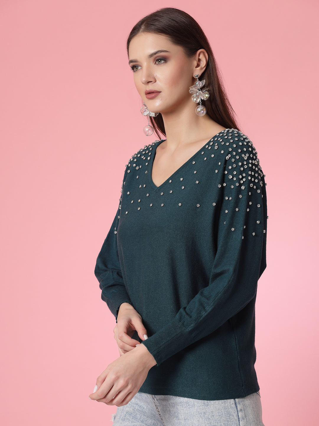 Mafadeny Women Winter Wear Green Top Embellished Details