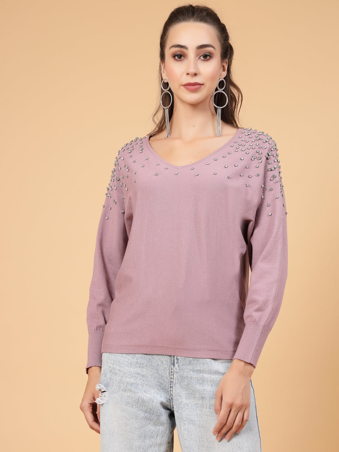 Mafadeny Women Winter Wear Mauve Top Embellished Details