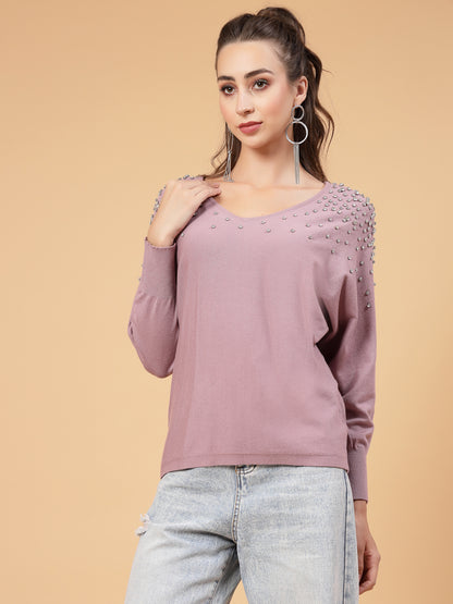 Mafadeny Women Winter Wear Mauve Top Embellished Details