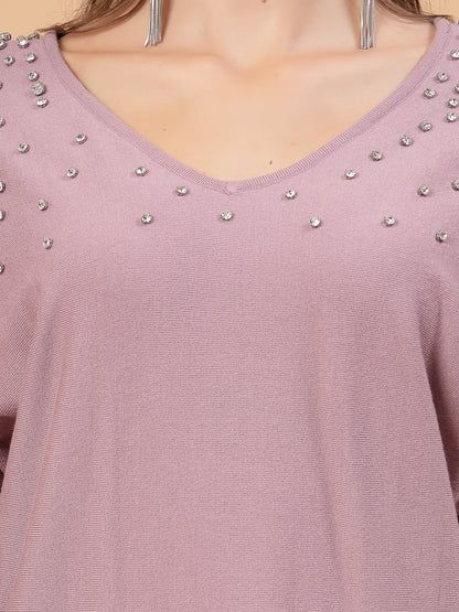 Mafadeny Women Winter Wear Mauve Top Embellished Details