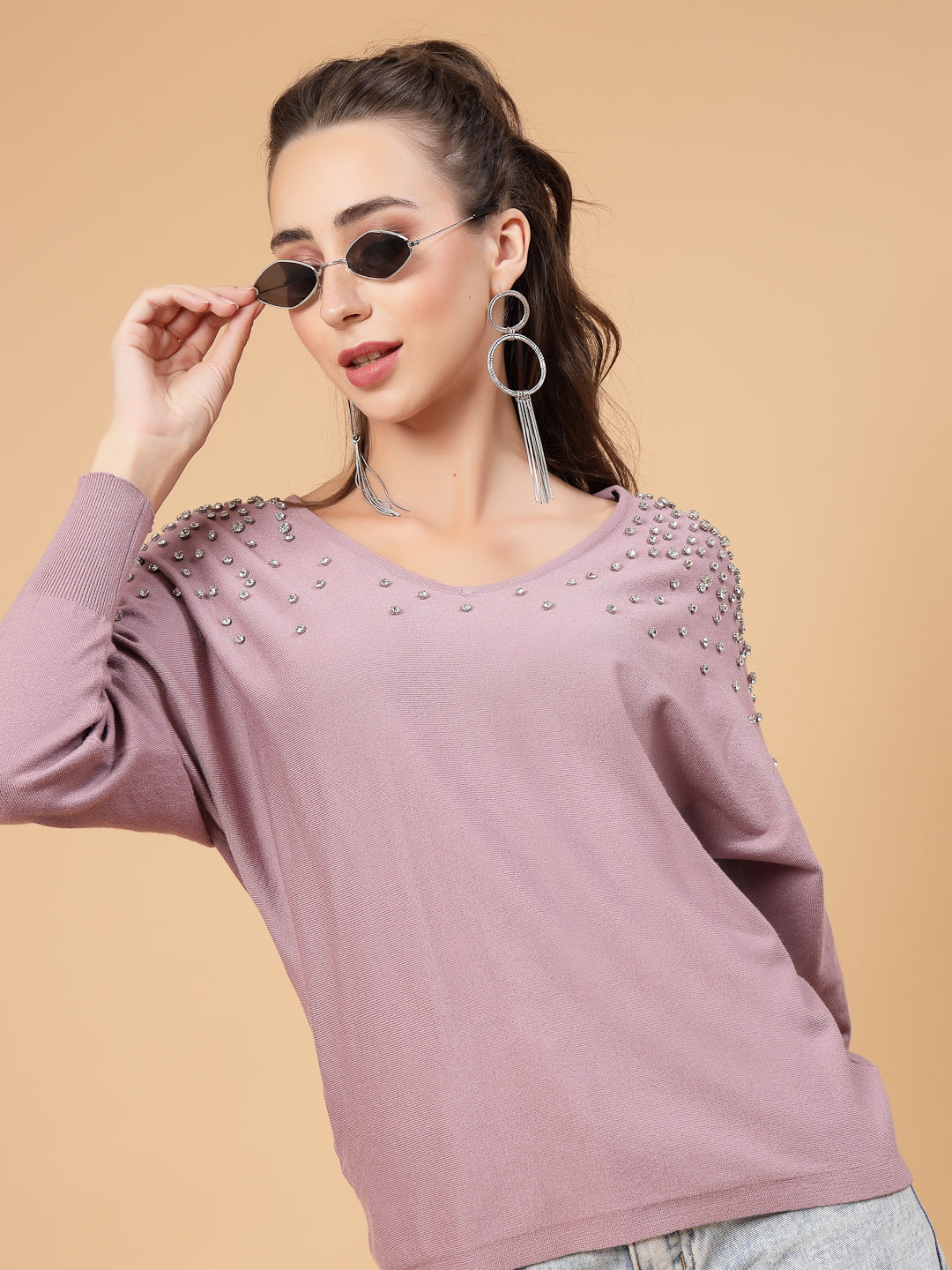 Mafadeny Women Winter Wear Mauve Top Embellished Details