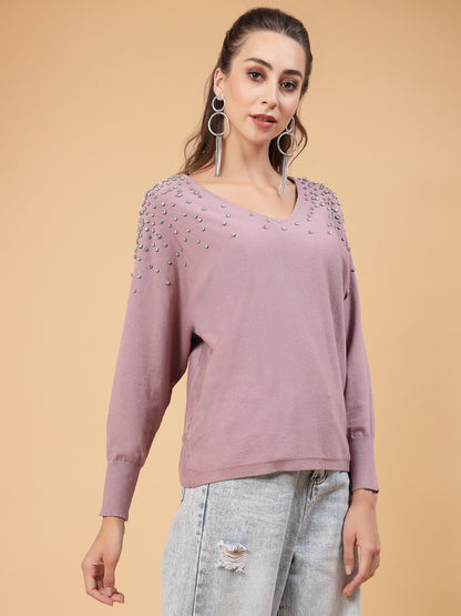 Mafadeny Women Winter Wear Mauve Top Embellished Details