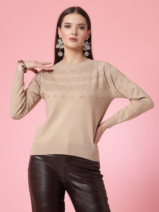 Mafadeny Women Winter Wear Khaki Embellished & Self Design Stylish Tops