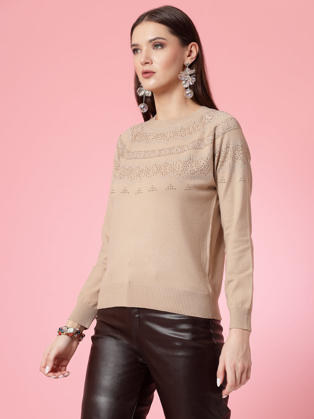 Mafadeny Women Winter Wear Khaki Embellished & Self Design Stylish Tops