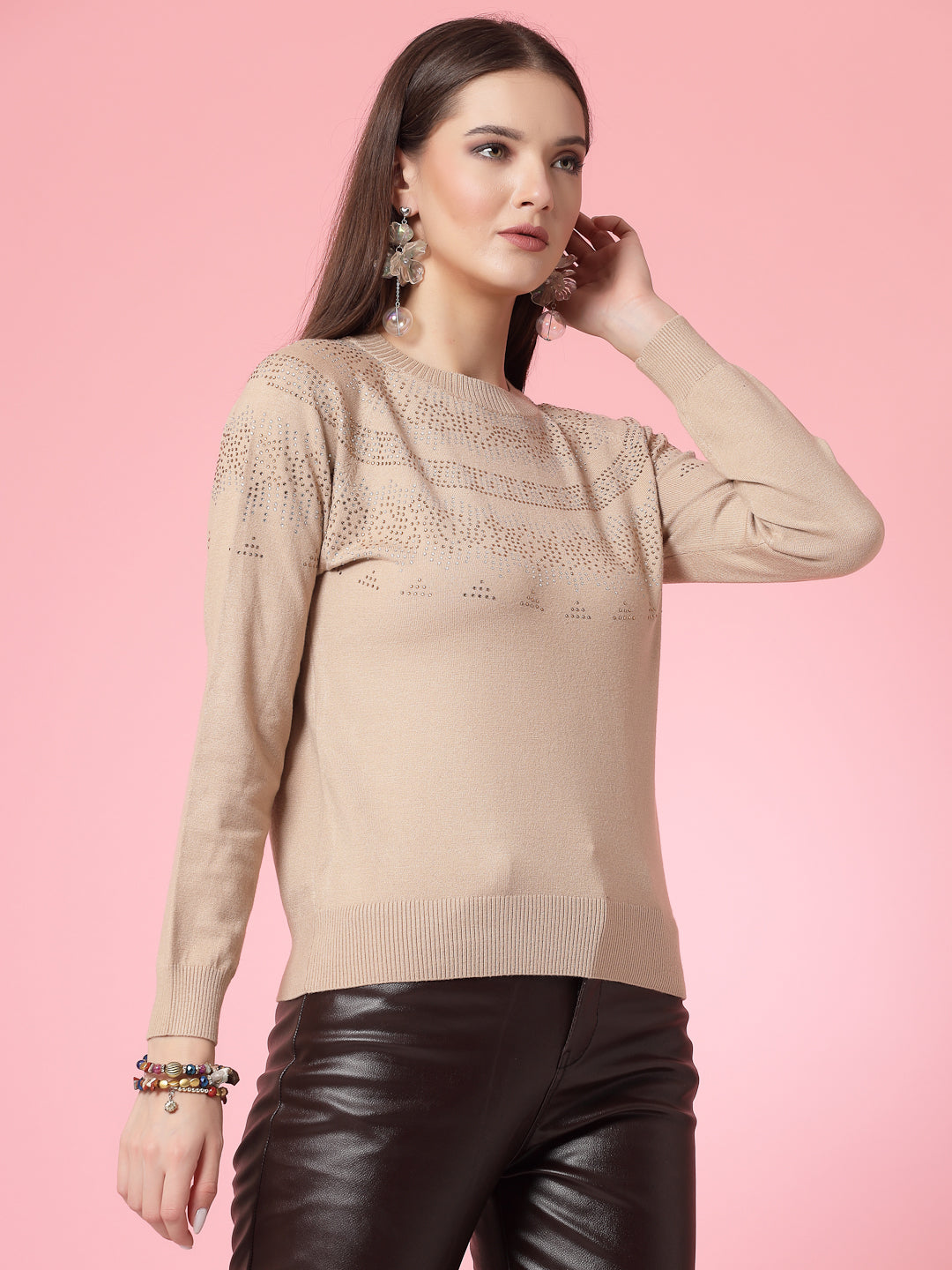 Mafadeny Women Winter Wear Khaki Embellished & Self Design Stylish Tops