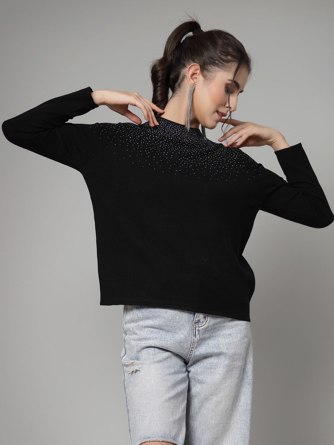 Mafadeny Women Winter Wear Black Pullover with Embellished Detail