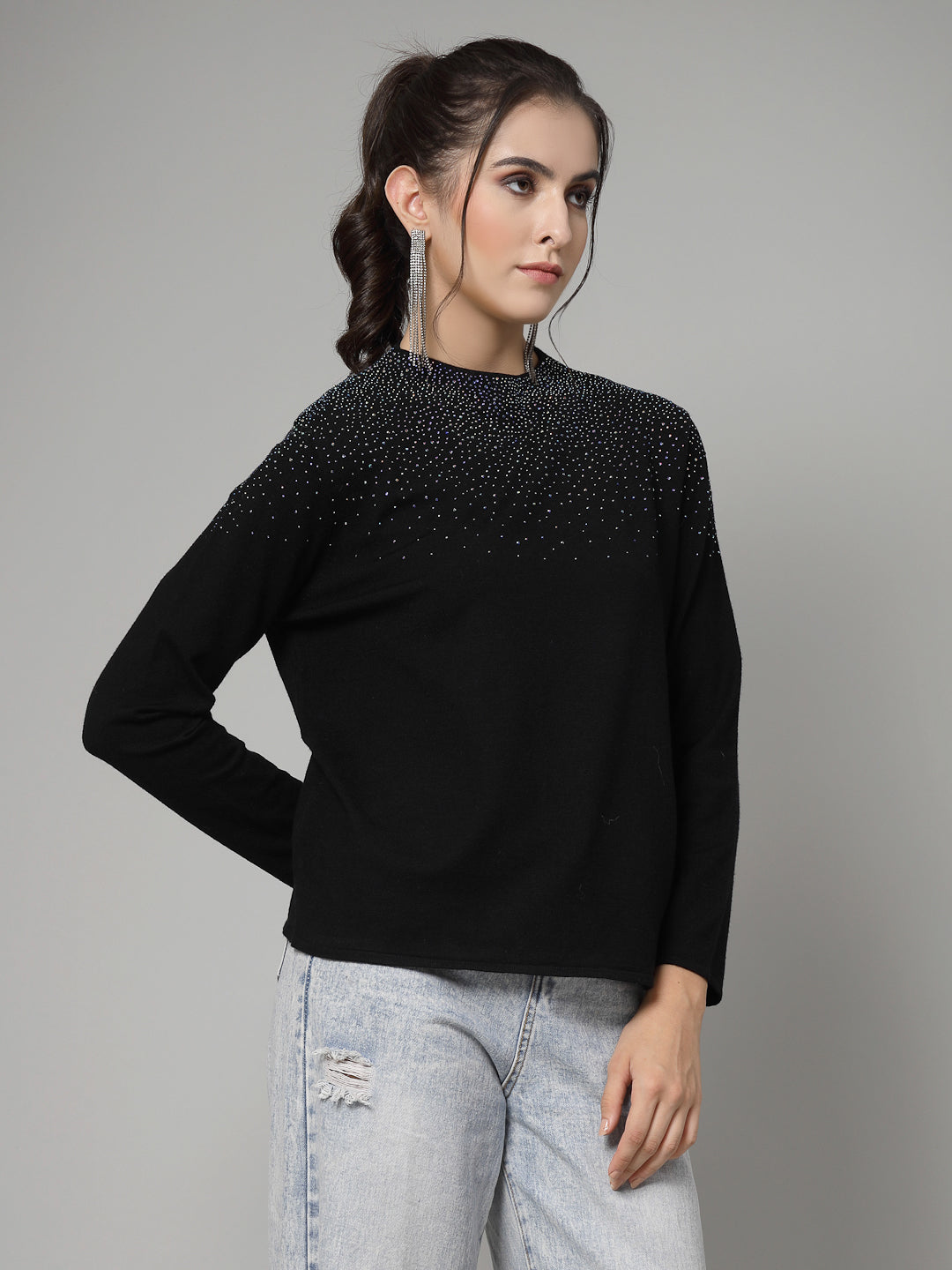 Mafadeny Women Winter Wear Black Pullover with Embellished Detail