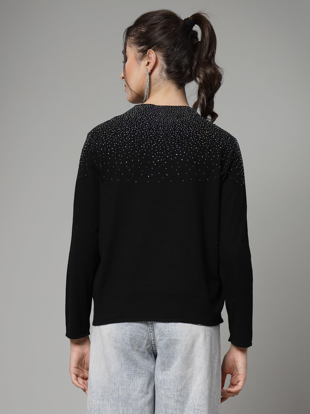 Mafadeny Women Winter Wear Black Pullover with Embellished Detail