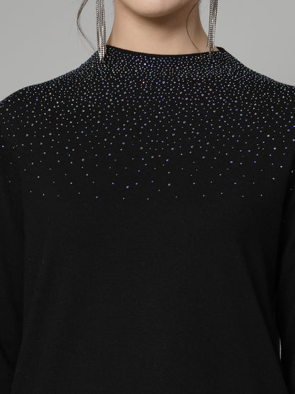 Mafadeny Women Winter Wear Black Pullover with Embellished Detail