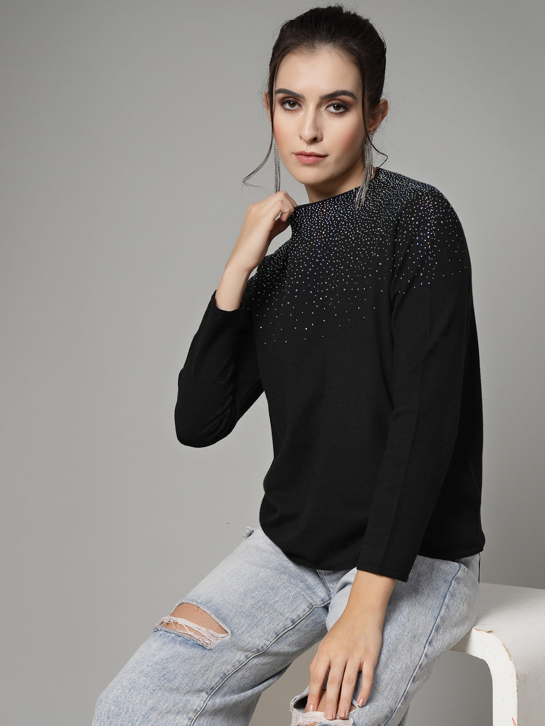 Mafadeny Women Winter Wear Black Pullover with Embellished Detail