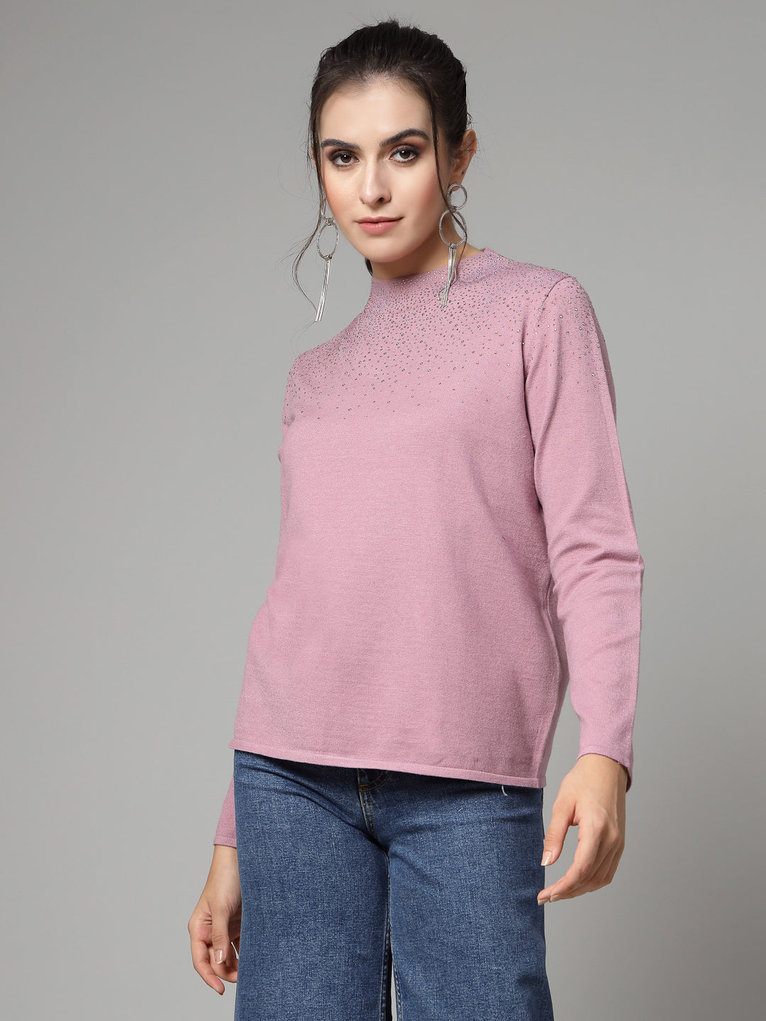 Mafadeny Women Winter Wear Mauve Pullover with Embellished Detail