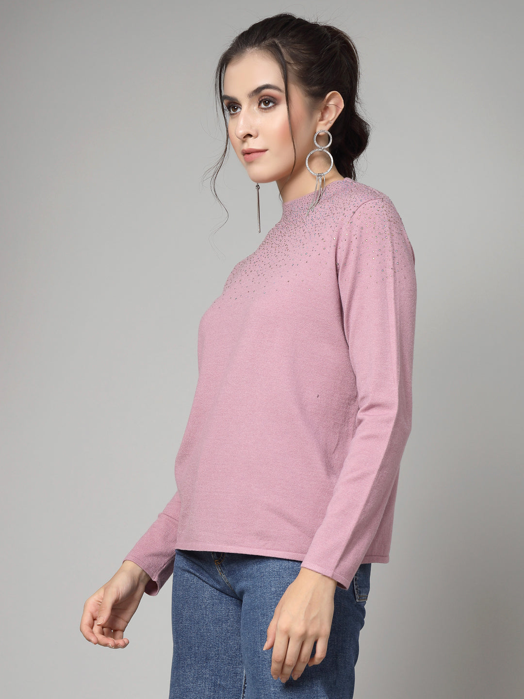 Mafadeny Women Winter Wear Mauve Pullover with Embellished Detail