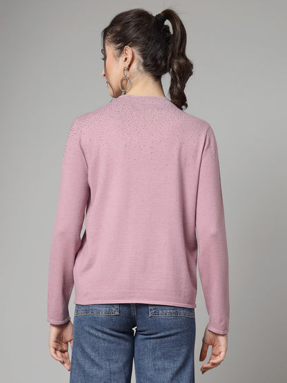 Mafadeny Women Winter Wear Mauve Pullover with Embellished Detail