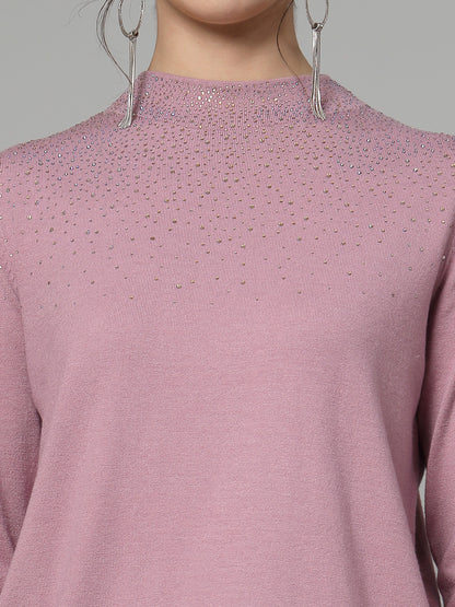 Mafadeny Women Winter Wear Mauve Pullover with Embellished Detail