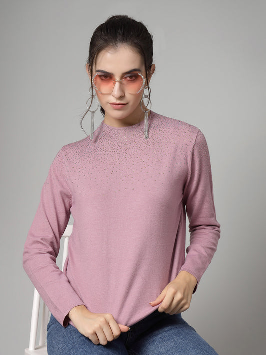 Mafadeny Women Winter Wear Mauve Pullover with Embellished Detail