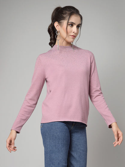 Mafadeny Women Winter Wear Mauve Pullover with Embellished Detail