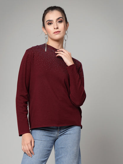 Mafadeny Women Winter Wear Mehroon Pullover with Embellished Detail