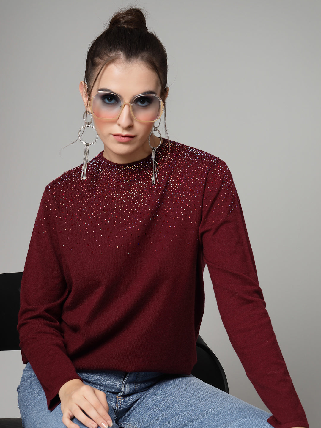 Mafadeny Women Winter Wear Mehroon Pullover with Embellished Detail