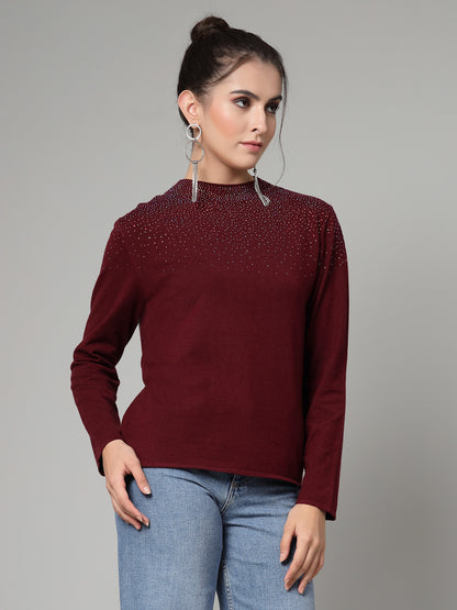 Mafadeny Women Winter Wear Mehroon Pullover with Embellished Detail