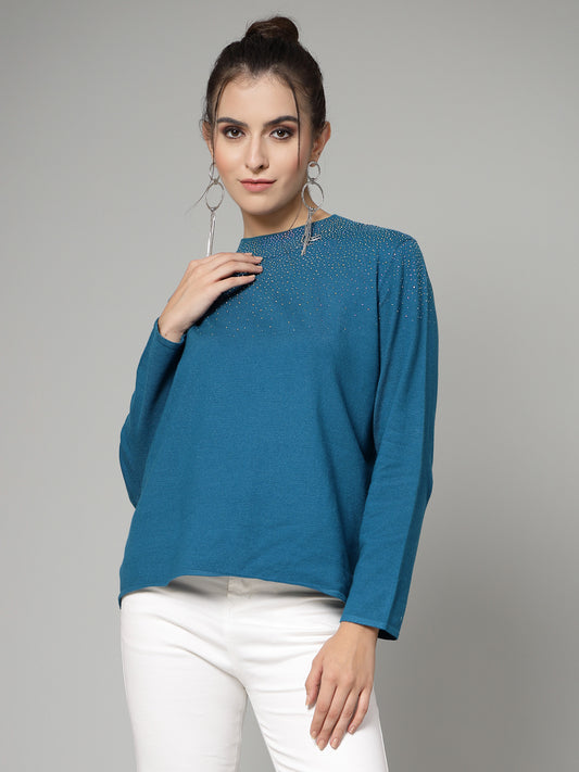 Mafadeny Women Winter Wear Teal Blue Pullover with Embellished Detail