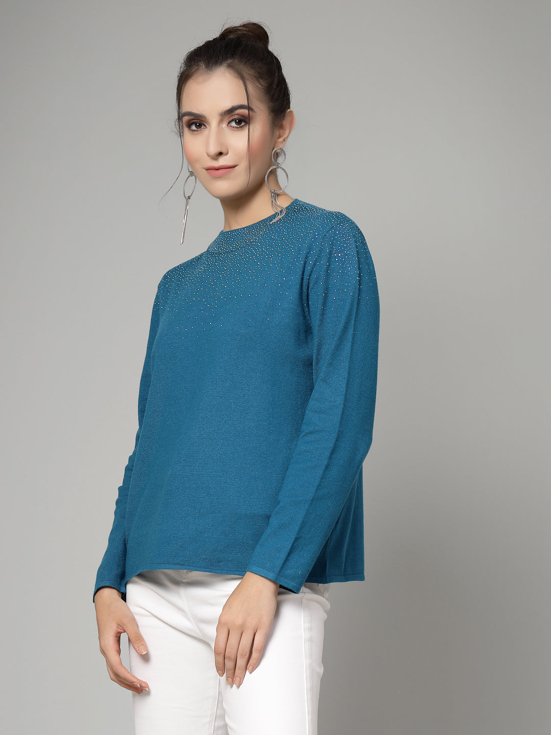 Mafadeny Women Winter Wear Teal Blue Pullover with Embellished Detail