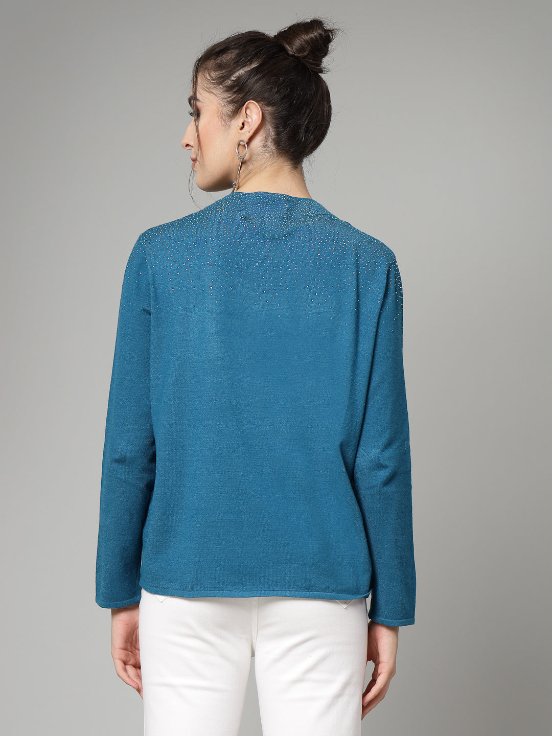 Mafadeny Women Winter Wear Teal Blue Pullover with Embellished Detail