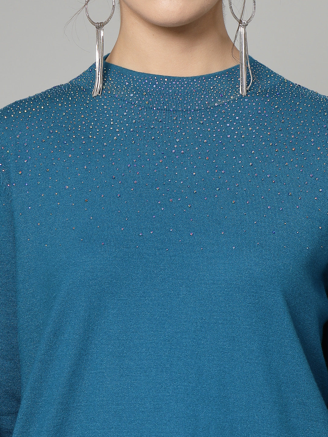 Mafadeny Women Winter Wear Teal Blue Pullover with Embellished Detail