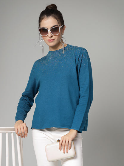 Mafadeny Women Winter Wear Teal Blue Pullover with Embellished Detail